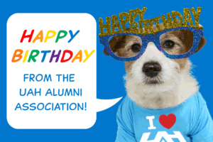 animated illustration of happy birthday glasses sliding off the nose of a cute dog