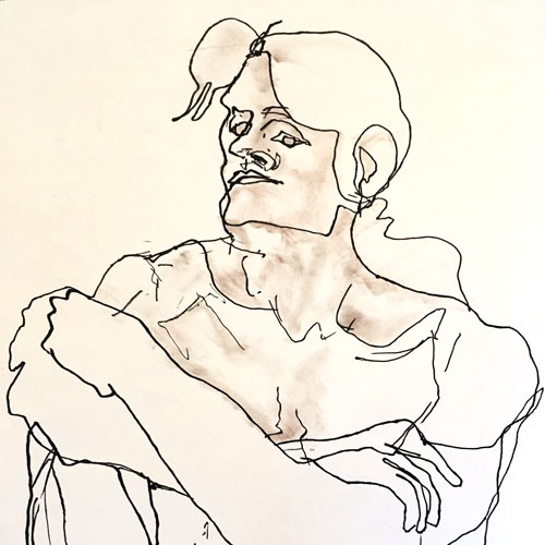 blind contour sketch of a man folding his arms over his knee